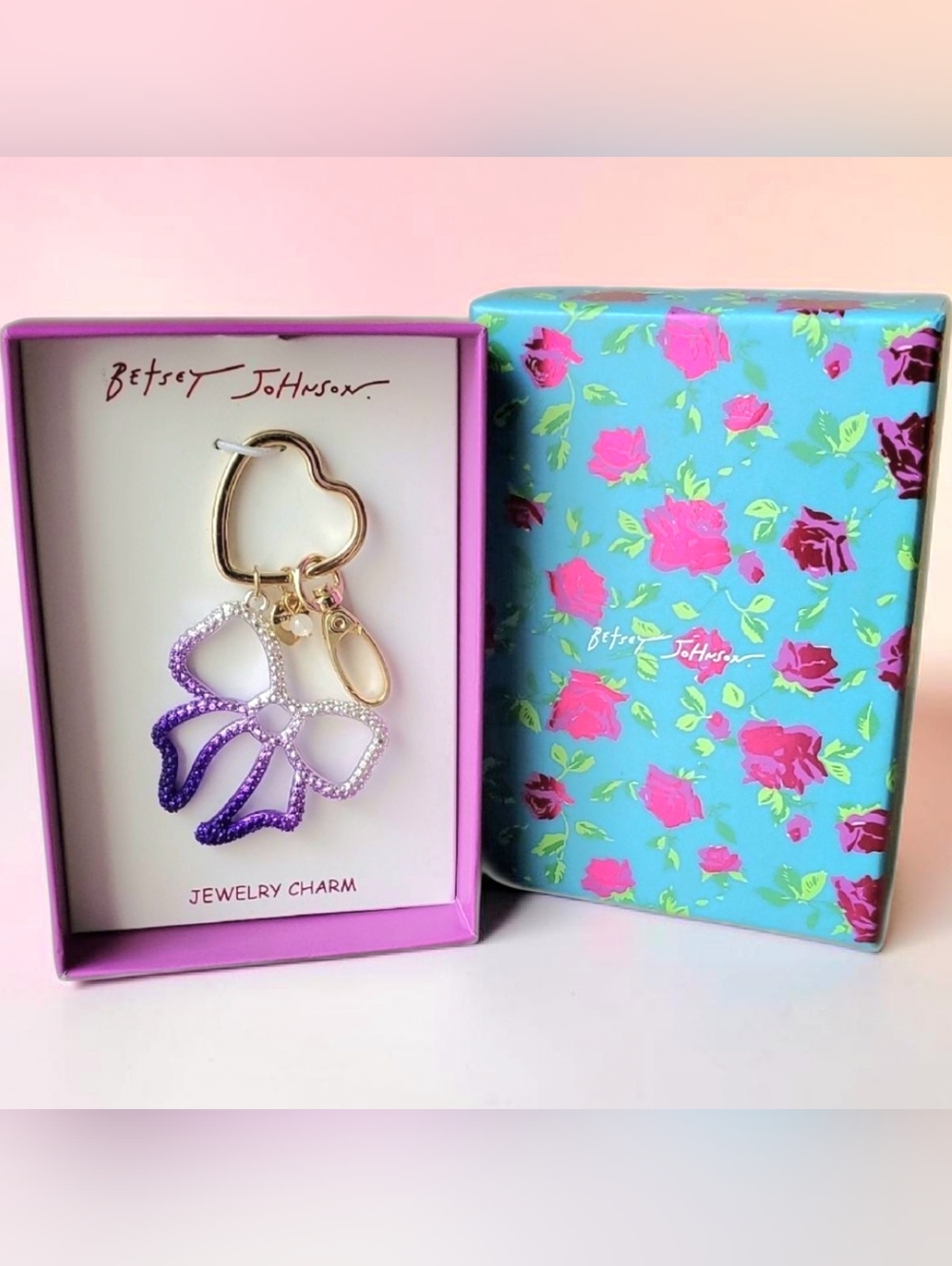 Betsey Johnson Sparkling Purple Ombre Bow Keychain Jewelry Charm